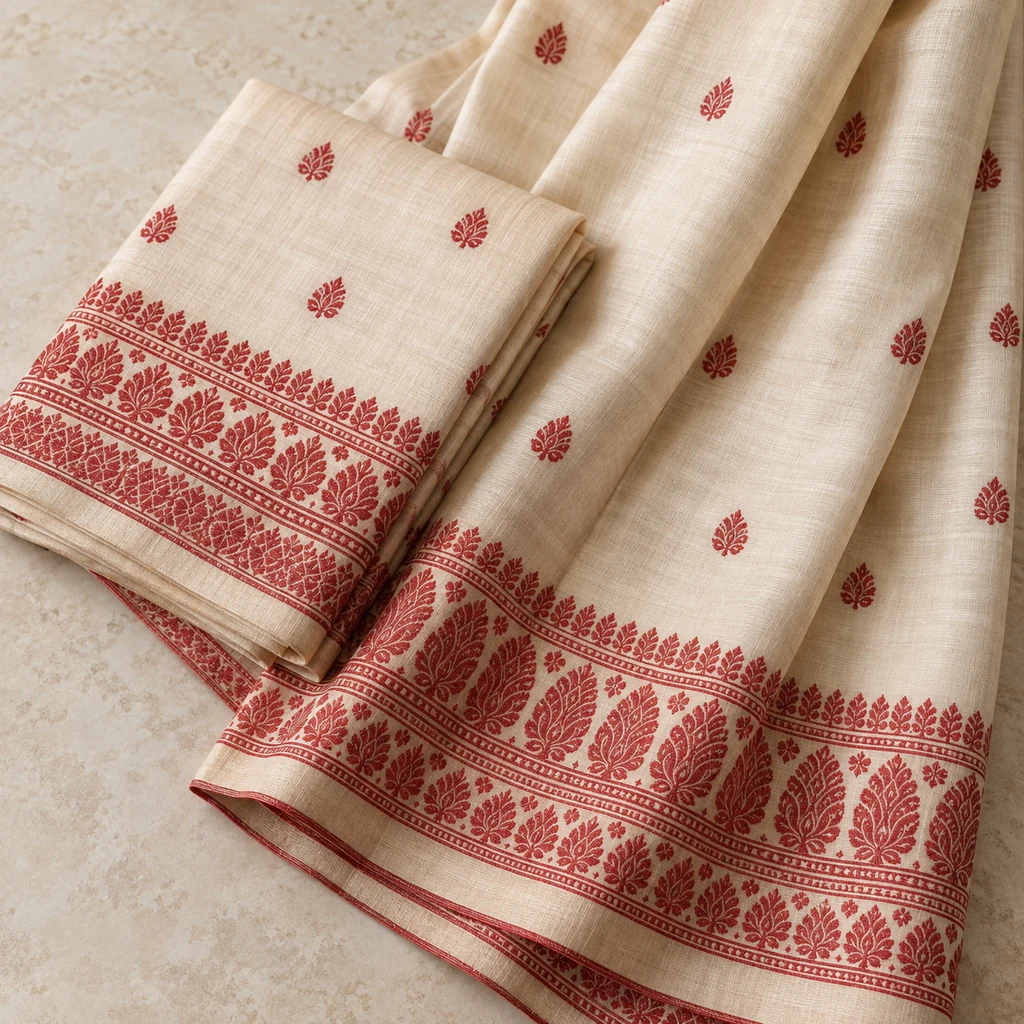 Cream Assam textile with traditional red woven details